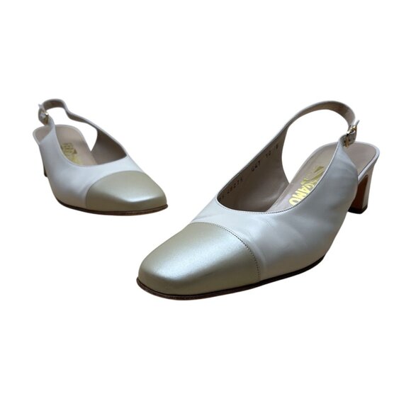 Salvatore Ferragamo Beige Nudo Calf Leather Slingback Delier Block Heels Sz 10B - Picture 1 of 11